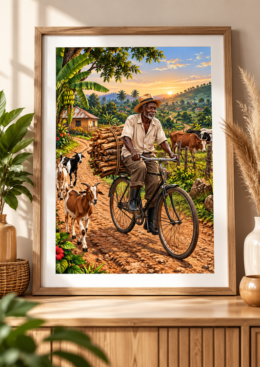 Elderly Man Cycling Rural Village Art Print