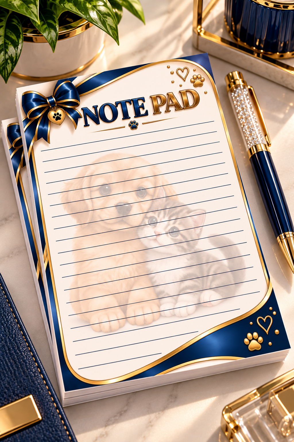 Title: Puppy & Kitten Navy and Gold Notepad
