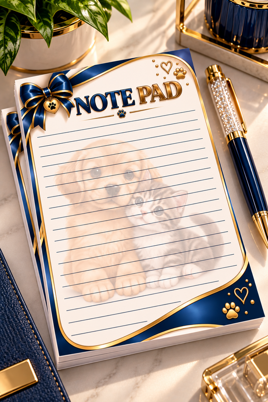 Title: Puppy & Kitten Navy and Gold Notepad